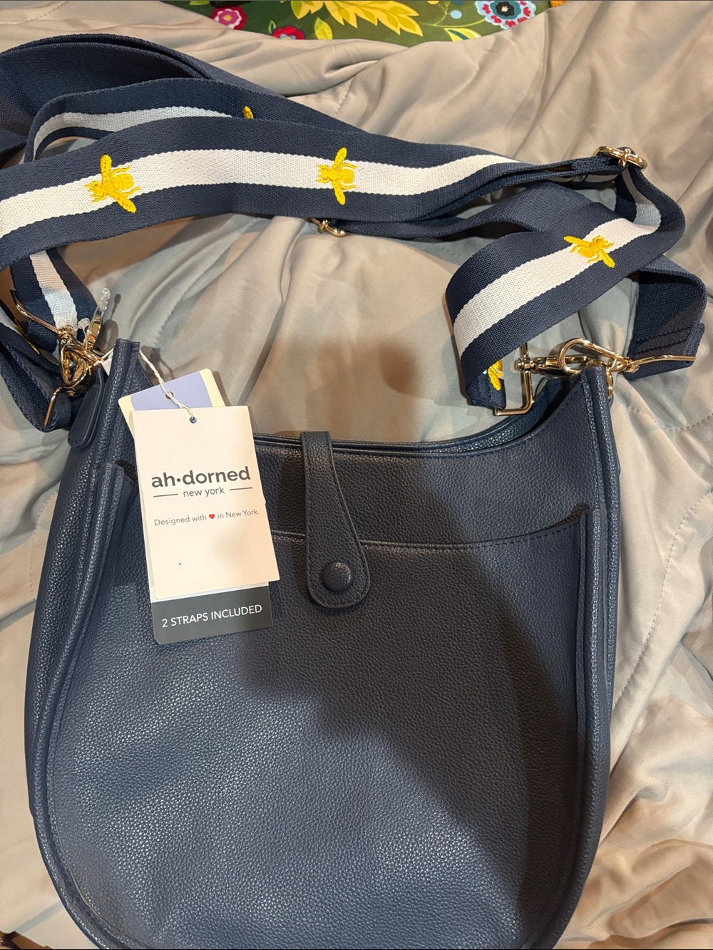 ah-dorned New York Navy Crossbody with Striped Embroidered Strap